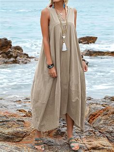 New Explosive Cotton and Linen V-neck Pocket Dress Beach Skirt Casual Skirt Black Dresses Beach Dress Casual, Maxi Dress Outfit, Summer Beach Dress, Hem Design, Khaki Dress, Vestido Casual, Casual Skirt, Dress Outfit, Aaliyah