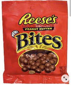 reese's peanut butter bites are packed in a red bag with the word reese's written on it