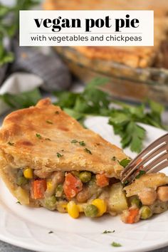 a piece of chicken pot pie on a plate with a fork