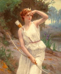 a painting of a woman holding a bow and arrow