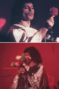 two different images of the same person holding flowers in their hands and one with his hand up