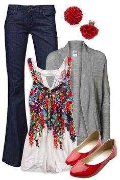 "Teacher, Teacher 146" by qtpiekelso on Polyvore I'm a big fan of the cardigan or open sweater as a third piece. Depending where you live, they can play a role in your wardrobe most of the year. But this tank with floral red pattern takes the cake! Great for spring, summer and fall. Bright, red flats are fun! Elegant Work Outfits, Mode Tips, Spring Work Outfits, Independent Consultant, Outfits 2017, Mode Casual, Jamberry Nails, Outfit Trends, The Outfit