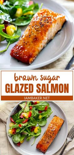 two plates with salmon and salad on them, one is brown sugar glazed salmon