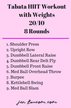 the tabata hiit workout with weights for 30 / 10 rounds is shown in pink