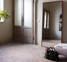 a suitcase is sitting on the floor in front of a mirror with a plant inside