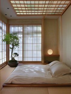 a bed sitting under a window next to a potted plant