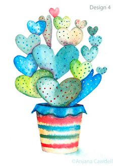 a watercolor painting of hearts in a flower pot with stripes and dots on the bottom