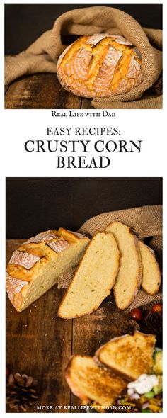 two images showing different types of bread on a wooden table with the words easy recipes crusty corn bread