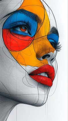 a drawing of a woman's face with colored lines on her face and eyes