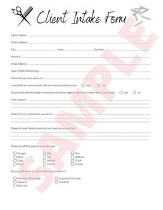 the client intake form is shown in black and white, with an image of a pair of scissors on it