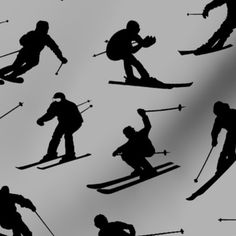 the silhouettes of skiers are shown in black and white colors on a gray background