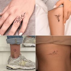 four different tattoos on women's legs, one with a bird and the other with a flower