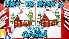 how to draw a winter cabin with crayons and colored pencils for kids