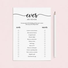 a printable ever or never checklist on a pink background with a pencil next to it