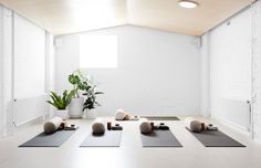 a room with white walls and yoga mats on the floor next to a potted plant