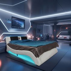 a bed room with a neatly made bed and lights