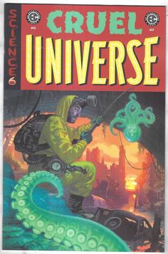 the cover to cruel universe, with an octopus in front of it and a man sitting on