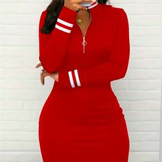 Red And White Knit Dress Red W White Accents Front Neck Zipper Crew Neck King Sleeve Below Knee Length Wrap Dress Long Sleeve, Wrap Dress Long, White Knit Dress, Red And White Dress, V Neck Cocktail Dress, Red Shirt Dress, Dress Knit, Grey Sweater Dress, Viscose Dress