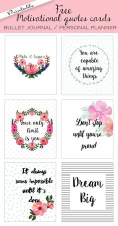 Free printable bullet journal cards. Personal planner cards. Motivational quotes cards | /fptfy/ Motivation Cards, Quotes Doodles, Motivational Journal, Free Motivational Quotes, Printable Bullet Journal, Planner Cards, How To Bullet Journal, Personal Planners, Motivational Cards