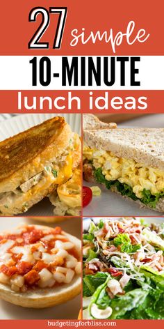 the cover of 27 simple lunch ideas with images of sandwiches, salads and other foods