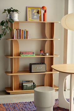 a living room with bookshelves and a rug on the floor in front of it