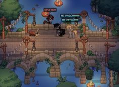 an image of a video game scene with cats and dogs on the bridge over water