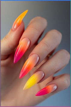 Dive into the summer with these stunning stiletto nails featuring a tropical sunset ombre effect! Perfect for July nails, their warm gradient embodies the essence of a beachy sunset. Explore more summer nail designs 2024 at nailhow.com and get inspired to make a splash! Tropical Ombre Nails, Sunset Inspired Nails, Nails Design Summer 2024, Summer Stiletto Nails Ideas, Summer Nails Stiletto, Sunset Ombre Nails, Ombre Summer Nails, Sunset Nail Art, Beachy Nail Designs