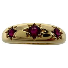 Vintage Van Cleef & Arpels Round Cut Star Set Ruby Three Stone Yellow Gold Ring. A stunning vintage ring with a classic three stone design. Star with three fine red rubies. All have a vivid red colour and an excellent round cut. Perfectly matched. The centre ruby measures 3mm and the two side stones measure 2.5mm. Fine jewellery houses like Van Cleef & Arpels only use the finest diamonds and gemstones in their jewellery and this piece is no exception. A fine vintage ring in excellent condition. A very rare piece with an older classic design no longer produced The ring is signed VCA 750 with serial numbers and a French eagle gold hallmark. Ring size UK K1/2 - US 5.75 - EU 51 - Resizing is possible. Ring weighs 3.7g. This has been professionally polished and cleaned, excellent condition with Vintage Gold Ruby Ring, Vintage Van Cleef, Vintage Ruby Ring, Star Ruby Ring, Ruby Ring Vintage, Graduation Rings, Van Cleef & Arpels, Ruby Rings, Vintage Gold Rings