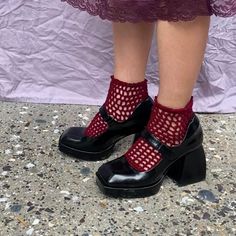 The Burdock Mesh Ankle Socks In the color Wine (70% bamboo, 30% cotton) Handmade crochet lingerie socks that fit women's sizes 7-10 & men's 5.5-8.5. Features and elastic ankle and lacey trim - Ready to ship - Written pattern to make your own is available in the accessories section - Other colors and sizes are available in the made to order section Bordeaux, Lingerie Crochet, Lingerie Socks, Crochet Lingerie, Sunset Shimmer, Gorgeous Shoes, Sock Gifts, Cotton Socks, Ankle Socks