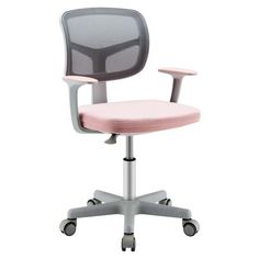 a pink office chair with wheels on the back and seat upholstered to the side