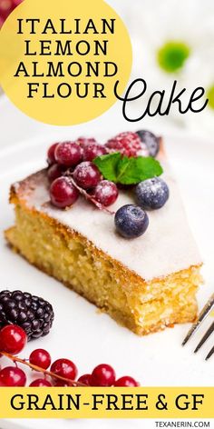 a piece of cake on a plate with berries