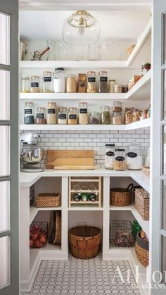 an open pantry with lots of food in it