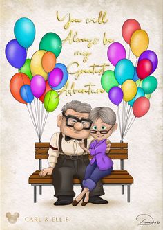 an elderly couple sitting on a bench with balloons in the air and congratulations card for their loved