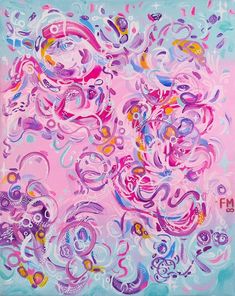 an abstract painting in pink, blue and purple colors with swirls on the bottom