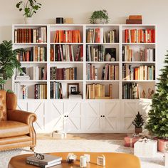 a living room filled with furniture and a christmas tree in front of a bookshelf