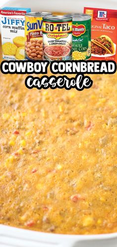 Cowboy cornbread casserole and its ingredients Taco Cowboy Casserole, Cowboy Corn Casserole, Tex Mex Cowboy Casserole, Fritos Cowboy Cornbread Casserole, Cornbread Casserole With Ground Beef, Cowboy Cornbread Casserole Recipe, Cowboy Cornbread Casserole Ground Beef, Ground Beef And Cornbread Recipes, Cornbread Casserole Jiffy Ground Beef