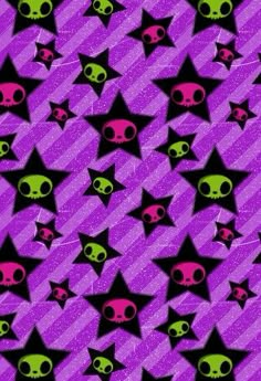 an abstract pattern with skulls and stars in purple, green and pink colors on black background