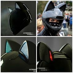 four different views of a cat's face and helmet