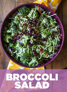 broccoli salad in a purple bowl on a wooden table