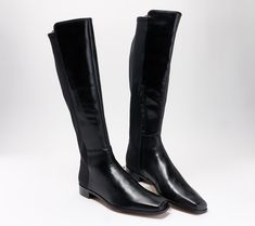 From work to weekend, this tall leather boot will be an instant fave. Wear it with skinny jeans, leggings, a wrap dress, or pencil skirt -- the stretchy neoprene back ensures comfort when you rock this timeless style. From Vince Camuto. Black Wrap Dress Boots, Tall Comfortable Boots, Pencil Skirt With Tall Boots, Pencil Skirt & Boots, Wrap Dress With Tall Boots, Fall Fitted Faux Leather Knee-high Boots, Classic Tall Fitted Boots, Fitted Knee-high Boots For Work, Classic Fitted Knee-high Boots For Business