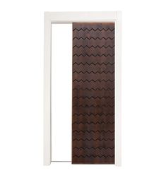 an open wooden door with wavy designs on the side and white frame, against a white background