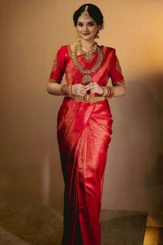 South Indian Bride Dress | Jewellery Traditional Red Saree Look Bride, Wedding Saree Ideas Indian Fashion, Latest Bridal Saree Designs, Red Wedding Saree Blouse Designs, Kerala Bride Red Saree, Kerala Marriage Saree, Red Bridal Saree Kerala, Red Silk Saree Brides