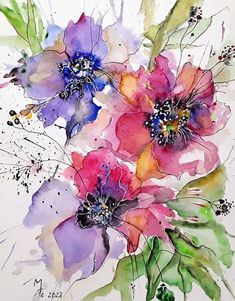 watercolor painting of pink and purple flowers