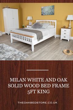 a bedroom with white and oak solid wood bed frame 5ft king, the oak bedstoree co uk