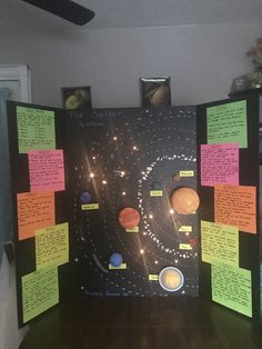 the solar system is made out of sticky notes and magnets on a bulletin board