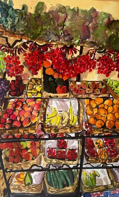 an oil painting of fruits and vegetables on display