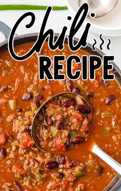 a spoon full of chili and beans in a skillet with the title above it