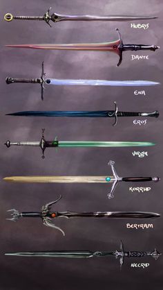 the different types of swords are shown in this image