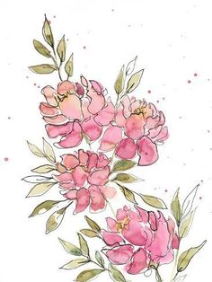 watercolor painting of pink flowers with green leaves