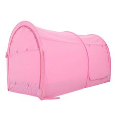 a pink tent with the door open and it's side closed to show the inside